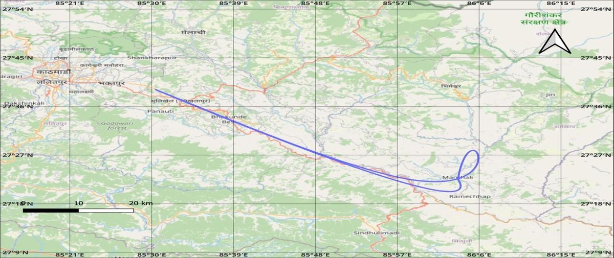 Map of the Kathmandu to Manthali route drawn from the interpolated GPS data